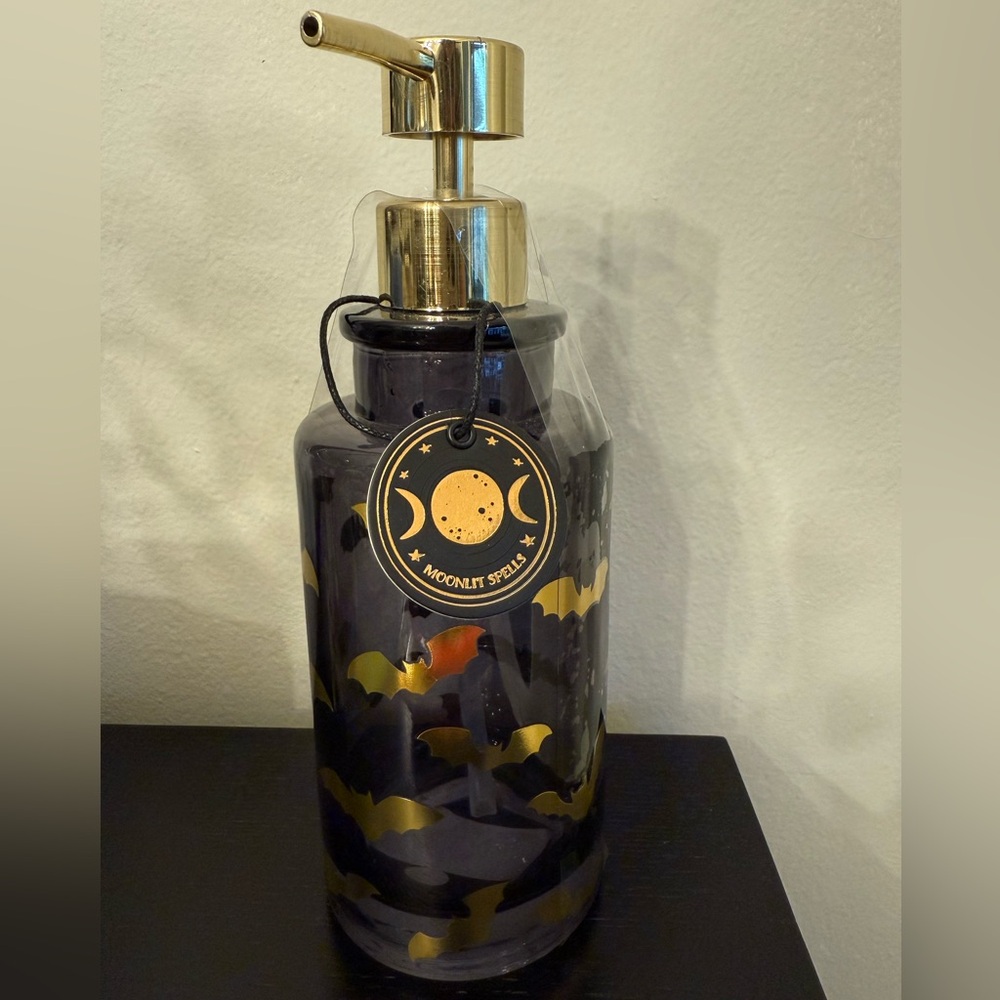 Moonlit Spell Black and Gold Bat Glass Soap or Lotion Dispenser NWT